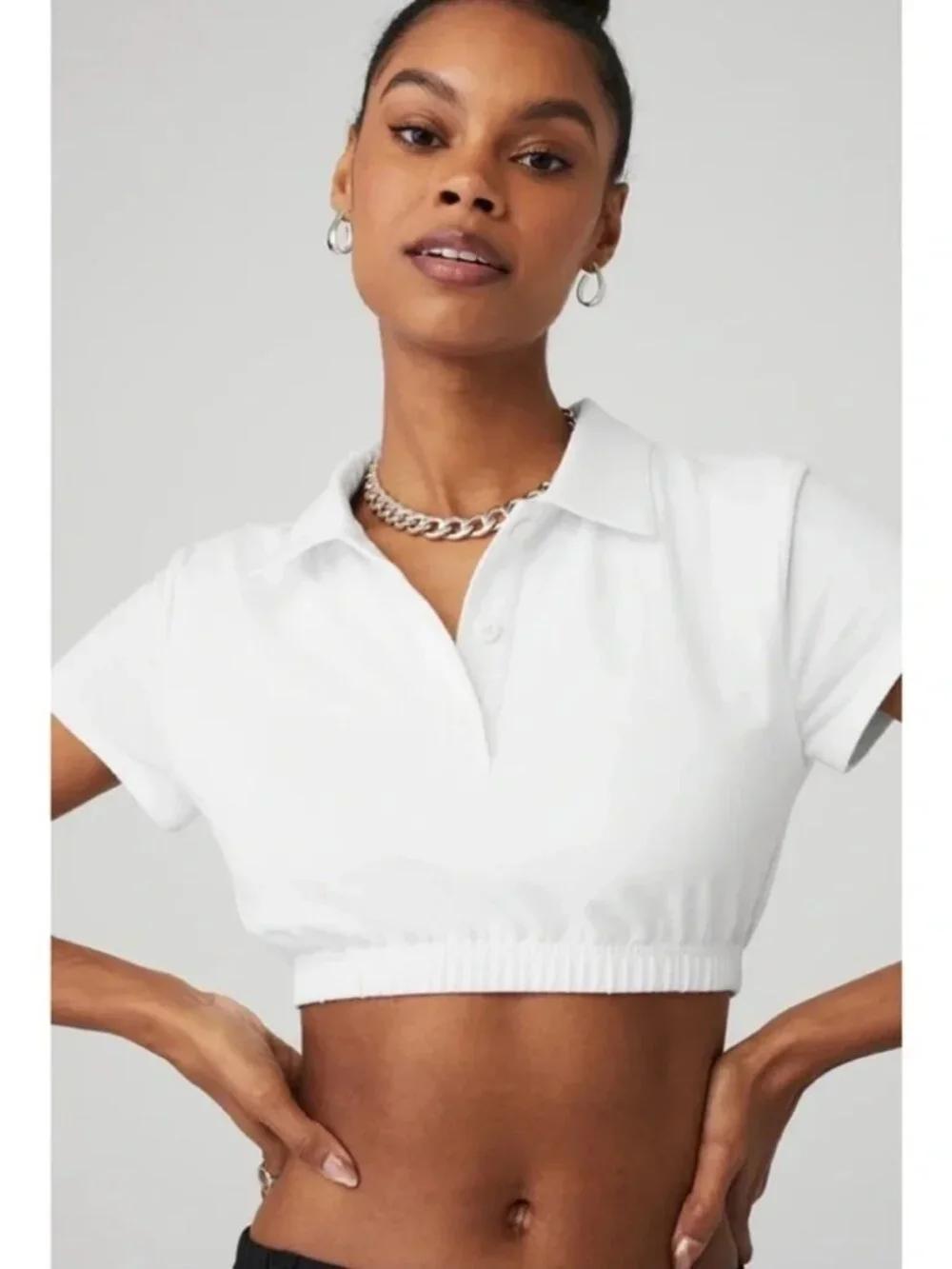 NWT Alo Cropped Prestige Polo Top Sz XS White Built In Bra Preppy Activewear